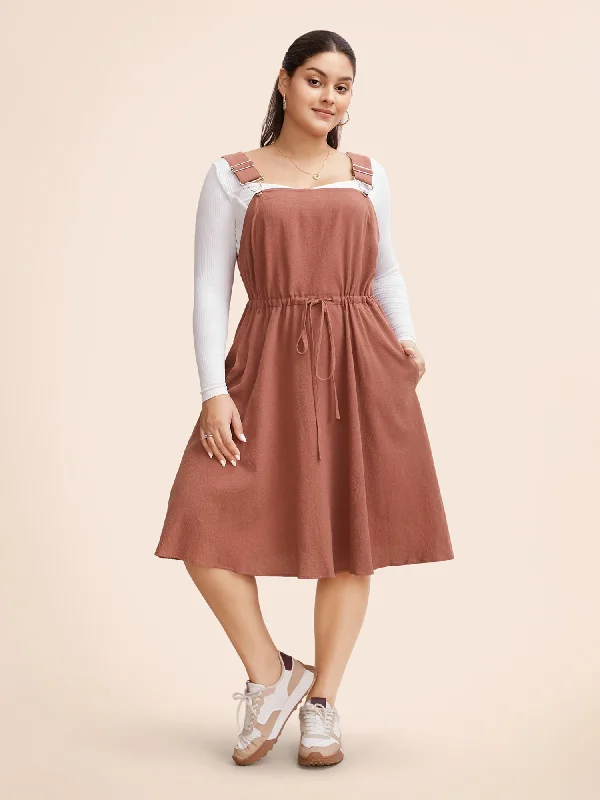 Everyday Dress with Adjustable Hem for Growing Kids or Changing Styles​ Plain Drawstring Pocket Metal Detail Suspender Skirt
