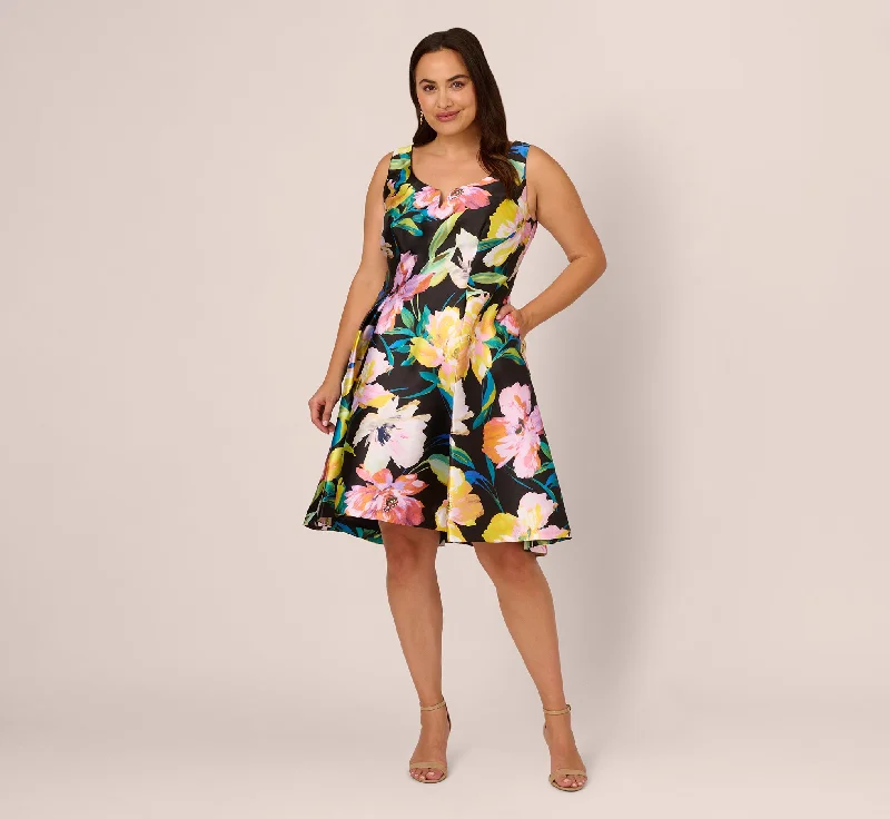  Plus Size Floral Print Mikado Sleeveless Dress With High Low Skirt In Black Multi