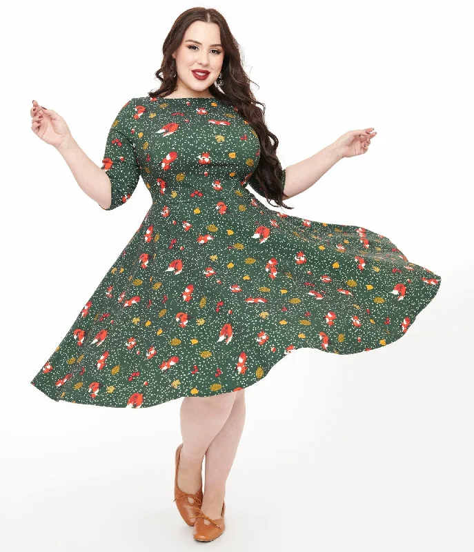Everyday Dress with Anti - bacterial Properties for Hygiene​ Unique Vintage Plus Size 1950s Green Winter Fox Devon Swing Dress