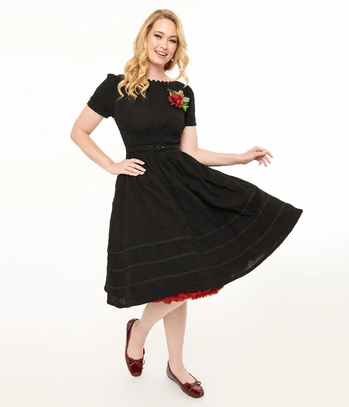 Everyday Maxi Dress with Floral Print​ Unique Vintage 1950s Black Holiday Floral Pin Cotton Swing Dress