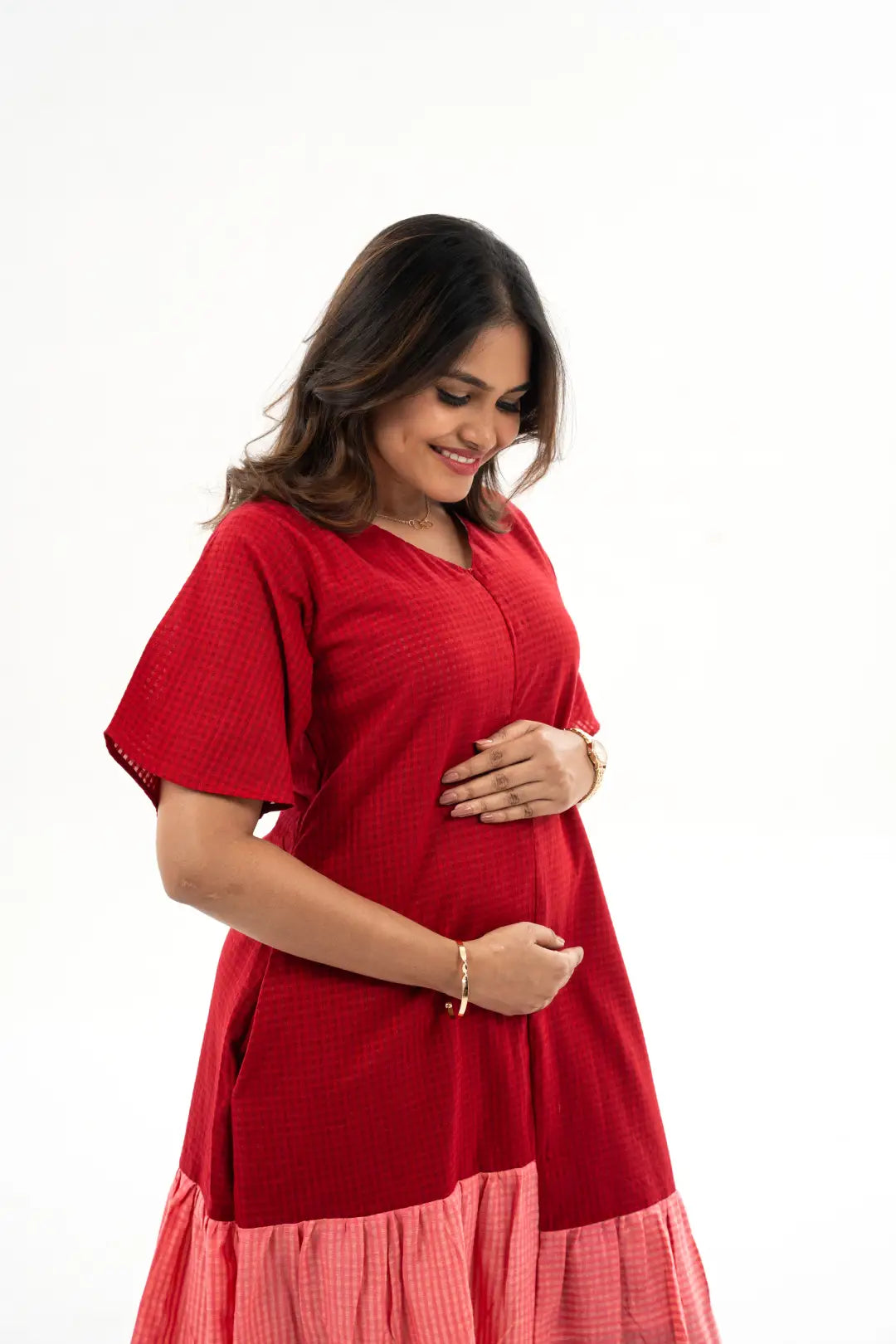 Maternity dress for baby shower with floral pattern Crimson Ruffle Feeding Dress