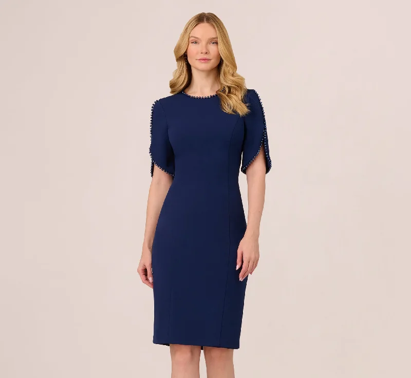  Crepe Midi Length Sheath Dress With Pearl Trimmed Sleeves In Navy Sateen