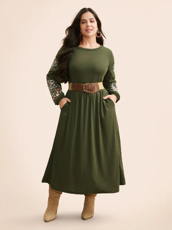 Everyday Dress with Asymmetric Hem for a Unique Look​ Floral Embroidered Elastic Waist Gathered Dress