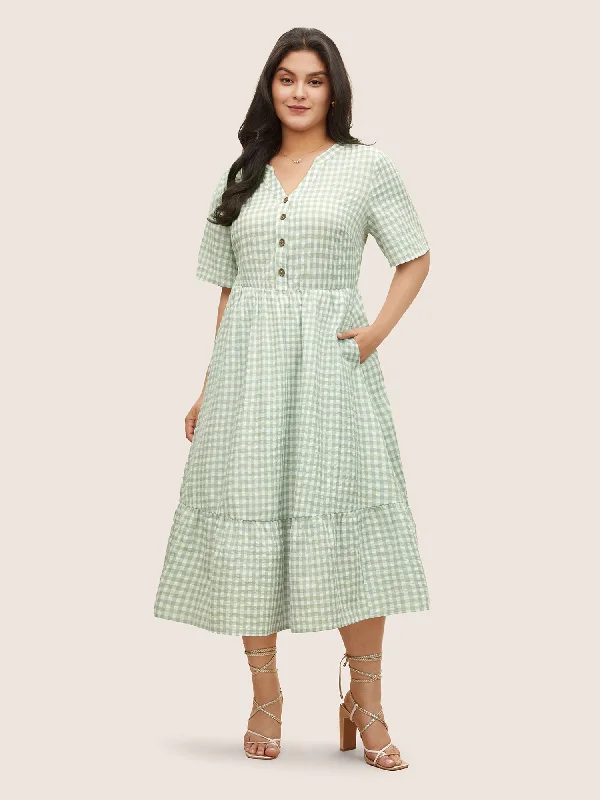 Everyday Dress with Raglan Sleeves for a Comfortable Fit​ Gingham Notched  Elastic Waist Flutter Sleeve Dress