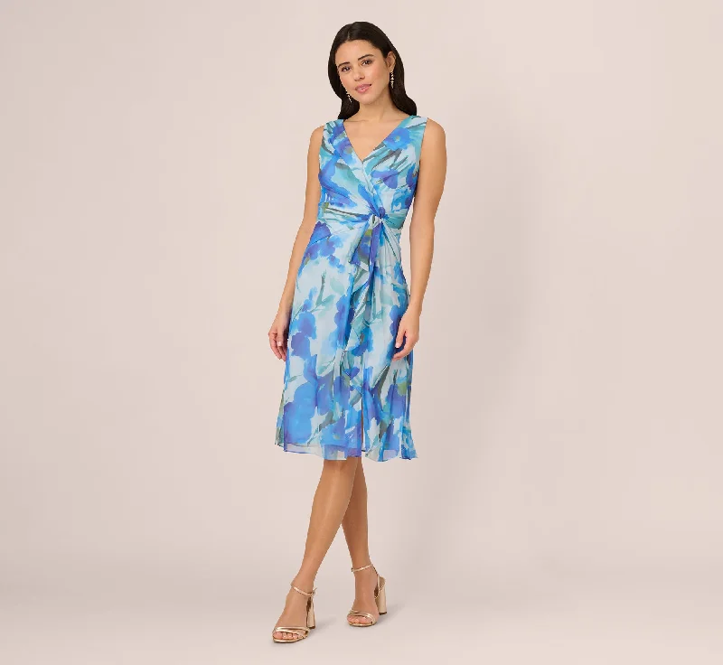  Sleeveless Draped Floral Chiffon Midi Sheath Dress In Blue Multi