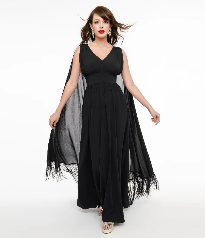 Smak Parlour 1970s Black Fringe Cape Maxi Dress