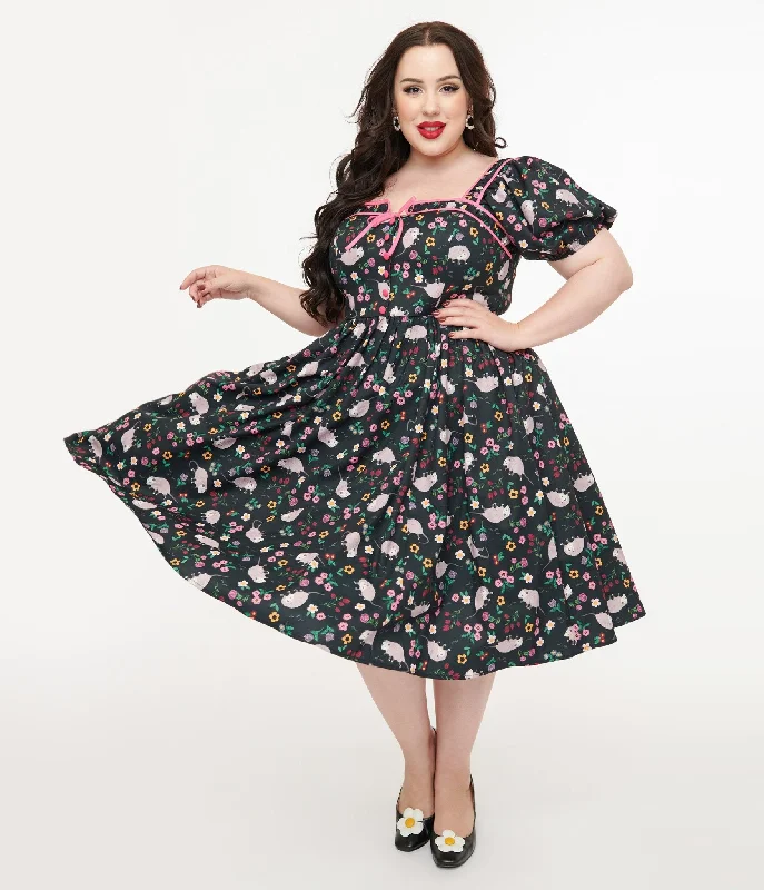 Everyday Maternity Dress with Stretch Fabric​ Unique Vintage Plus Size 1940s Black & Pink Awesome Possum Button Front Swing Dress