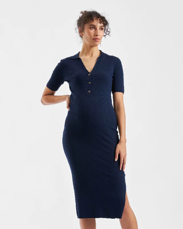Maternity dress for a New Year's Eve celebration Maddy Knit Polo Dress Navy