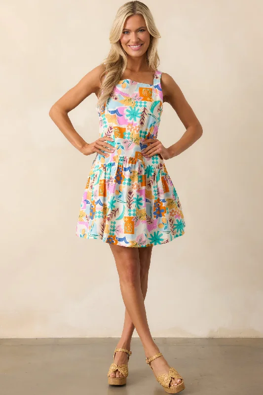 Knit Casual Dresses in Chunky Patterns​ Roll With It Pink Tropical Print Cotton Drop Waist Mini Dress