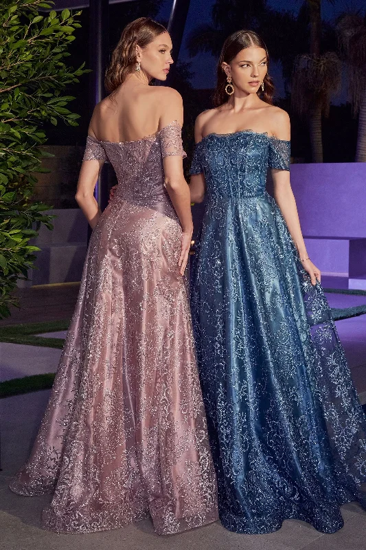 High - low hem wedding dresses for a trendy twist​ Cinderella Divine J835 Long Off Shoulder Prom Dress