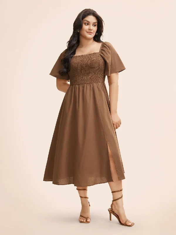  Cotton Square Neck Shirred Ruffle Sleeve Split Hem Dress