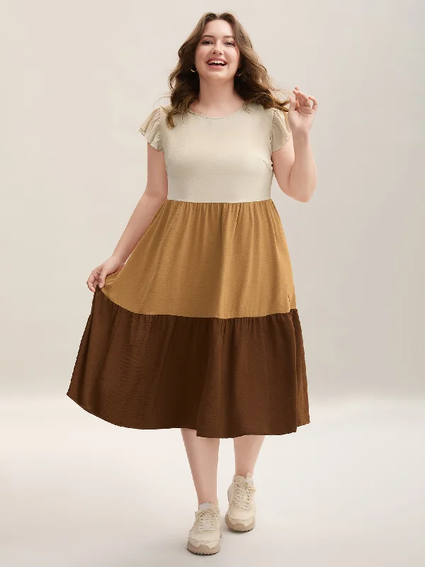  Color Block Ruffled Sleeve Tiered Midi Dress