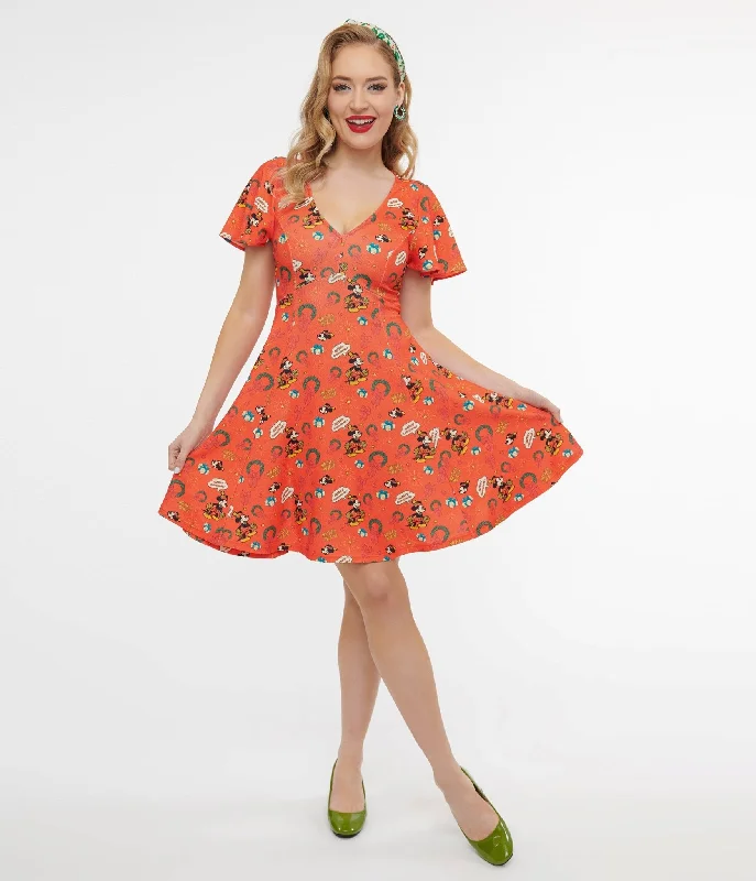 Everyday Dress with Flame - resistant Fabric for Safety - conscious Shoppers​ Disney Holiday Collection by Unique Vintage Mickey Christmas Fit & Flare Dress
