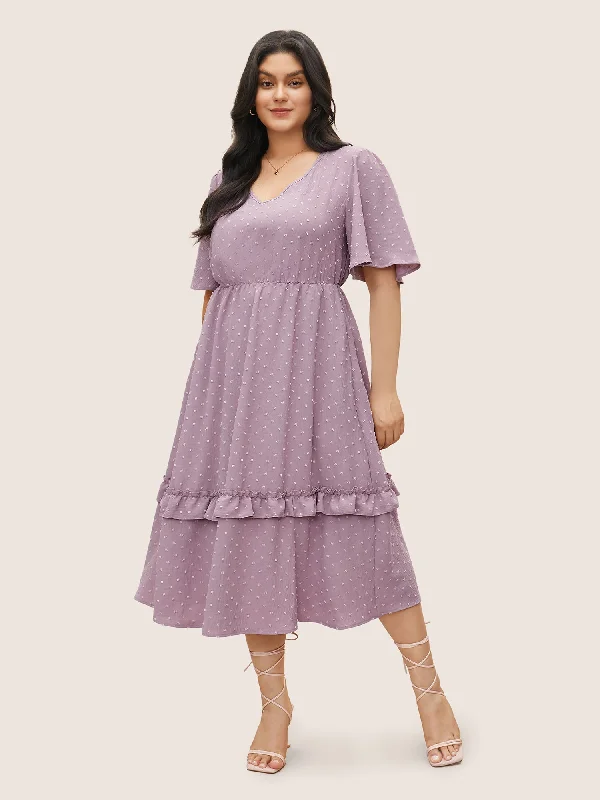  Polka Dot V Neck Pocket Ruffle Midi Dress