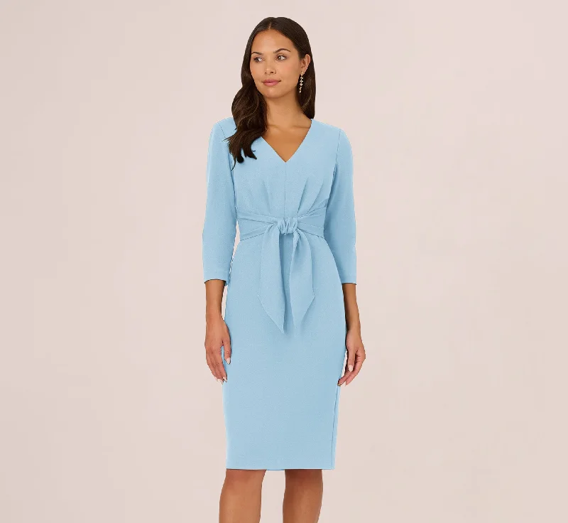  Three Quarter Sleeve Pleated Midi Dress With Tie Waist In Blue Mist
