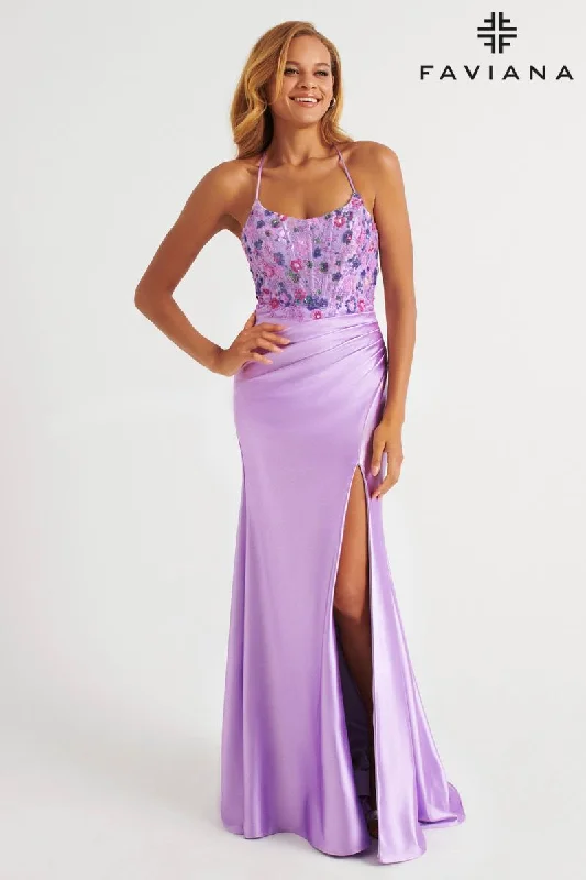 Mini dresses with gathered skirts for a voluminous effect Faviana Ruched Lace Corset Prom Dress 11252
