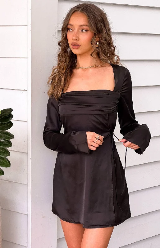 Polyester mini dresses for easy care Lucy Black Satin Long Sleeve Mini Dress