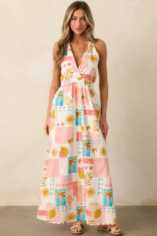 Maxi Casual Dresses for a Relaxed Look​ Vibrant Tides Pink Multi Tropical Print Maxi Dress