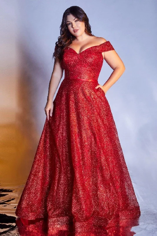 Chiffon and tulle combination wedding dresses​ Cinderella Divine CB050 Long Off Shoulder Glitter Print Prom Ball Gown