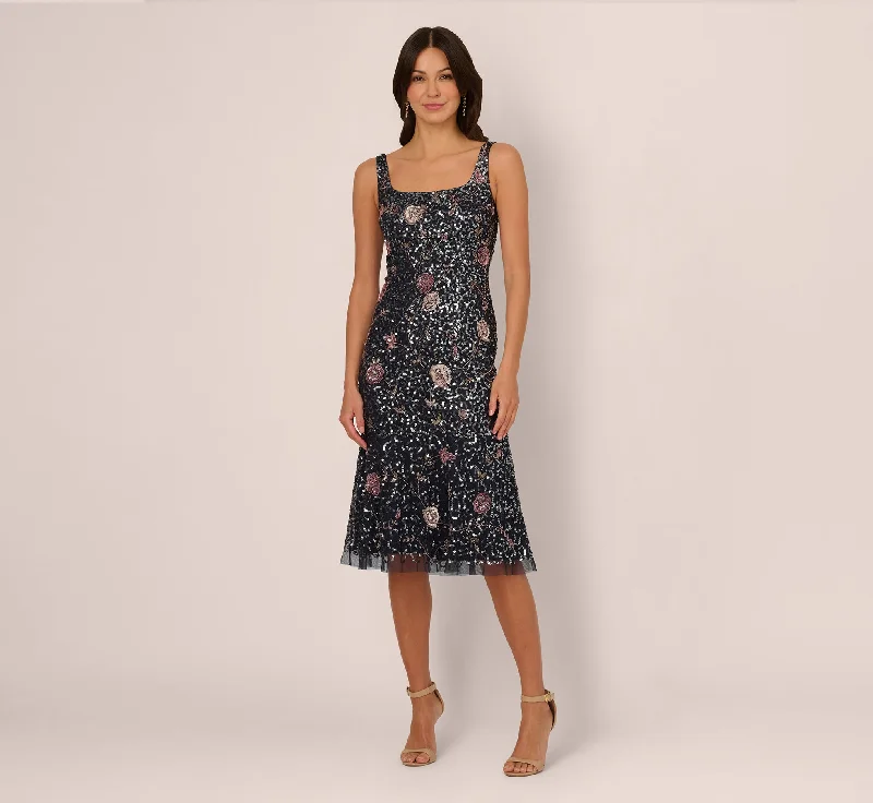 Midi dresses with cold - shoulder cutouts for a trendy style Sleeveless Sequin Floral Beaded Midi Dress In Navy Pink Multi Midi dresses with cold - shoulder cutouts for a trendy style Sleeveless Sequin Floral Beaded Midi Dress In Navy Pink Multi