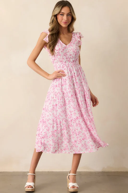 Child - Sized Casual Dresses with Cute Designs​ When In Rome Pink Floral Smocked Flutter Sleeve Midi Dress