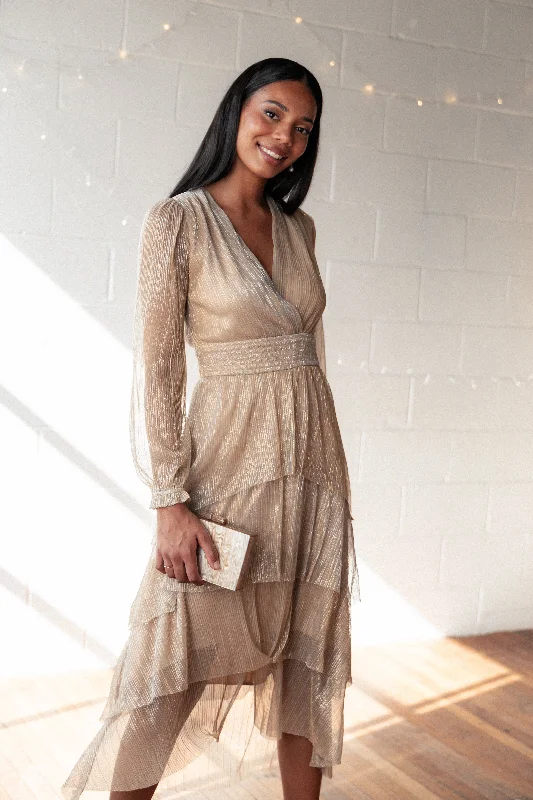 Plaid midi dresses for a fall - themed family gathering Cybil Pleated Tiered Midi Dress - Champagne Gold Plaid midi dresses for a fall - themed family gathering Cybil Pleated Tiered Midi Dress - Champagne Gold