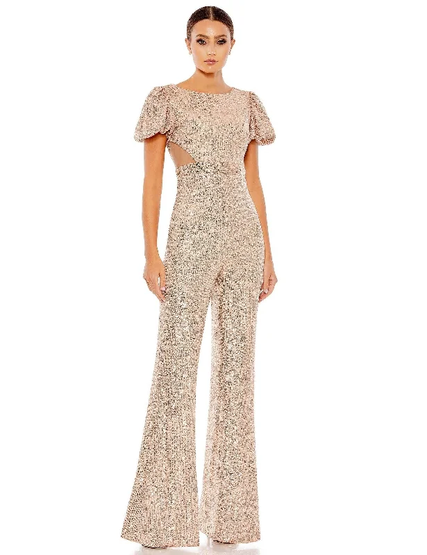 Backless wedding dresses with lace - up details​ Mac Duggal 11273 Formal Short Puff Sleeve Jumpsuit