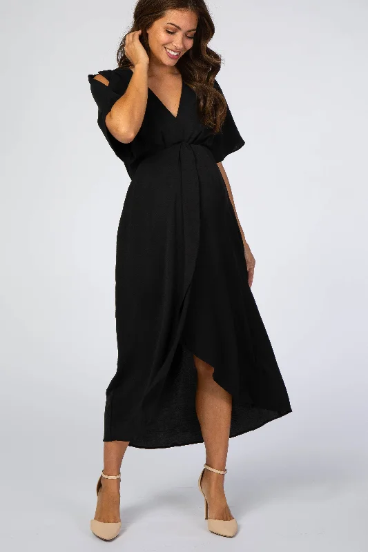 Maternity dress for a baby's first visit to the planetarium Black Open Sleeve Maternity Wrap Midi Dress
