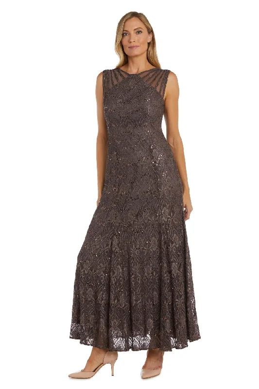 Wedding dresses with a belt made of crystals​ R&M Richards 3198P Long Formal Petite Lace Dress