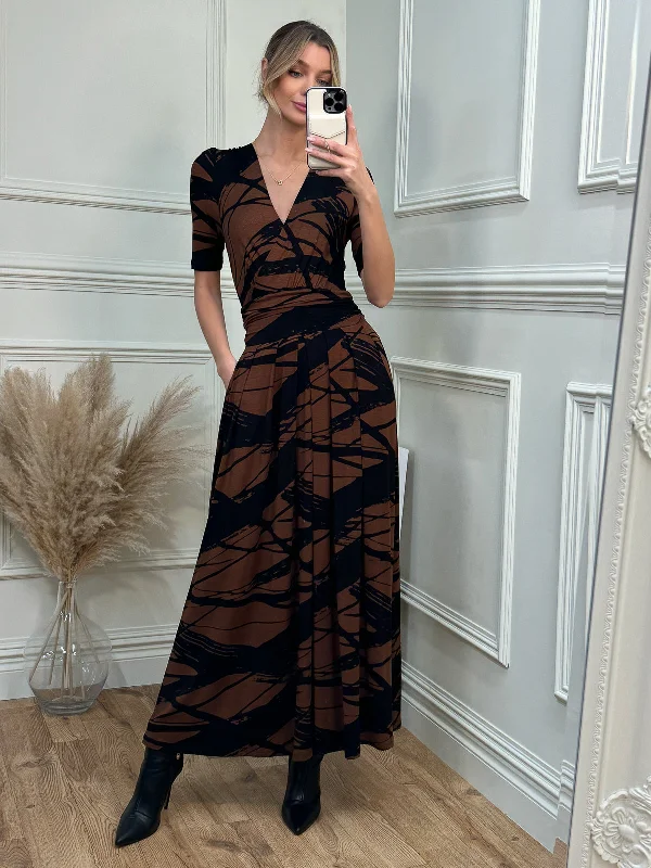Midi dresses with ruched bodices for a feminine and fitted feel Wrap Front Viscose Maxi Dress, Black Abstract Midi dresses with ruched bodices for a feminine and fitted feel Wrap Front Viscose Maxi Dress, Black Abstract
