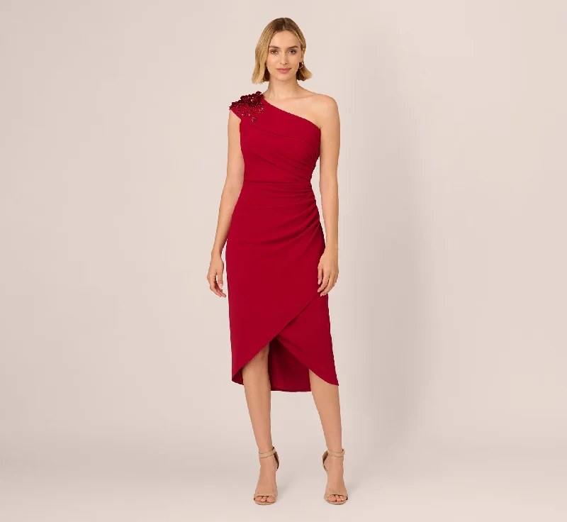 Midi dresses with button - front designs for a classic touch Beaded Crepe One Shoulder Wrap Dress In Cranberry Midi dresses with button - front designs for a classic touch Beaded Crepe One Shoulder Wrap Dress In Cranberry