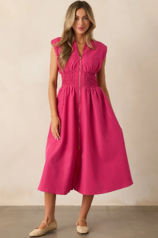Denim - Patchwork Casual Dresses for a Unique Design​ The Evette Magenta Pink Zip Front Midi Dress