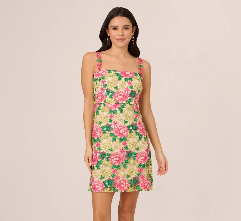 Everyday Dress with Pleated Skirt for a Feminine Touch​ Sleeveless Floral Embroidery Short Sheath Dress In Pink Green Multi