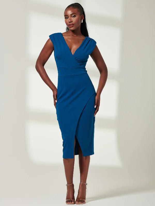 Midi dresses with sheer panels for a touch of allure Yseult V-Neck Split Bodycon Dress, Teal Midi dresses with sheer panels for a touch of allure Yseult V-Neck Split Bodycon Dress, Teal
