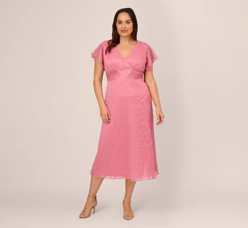  Plus Size Crinkle Mesh Midi Dress With Flutter Sleeves In Faded Rose