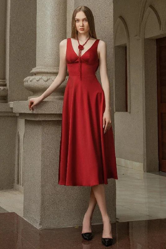 Midi dresses with lace - up fronts for a unique and adjustable style Crimson A-line V-Neck Silk Midi Dress Midi dresses with lace - up fronts for a unique and adjustable style Crimson A-line V-Neck Silk Midi Dress