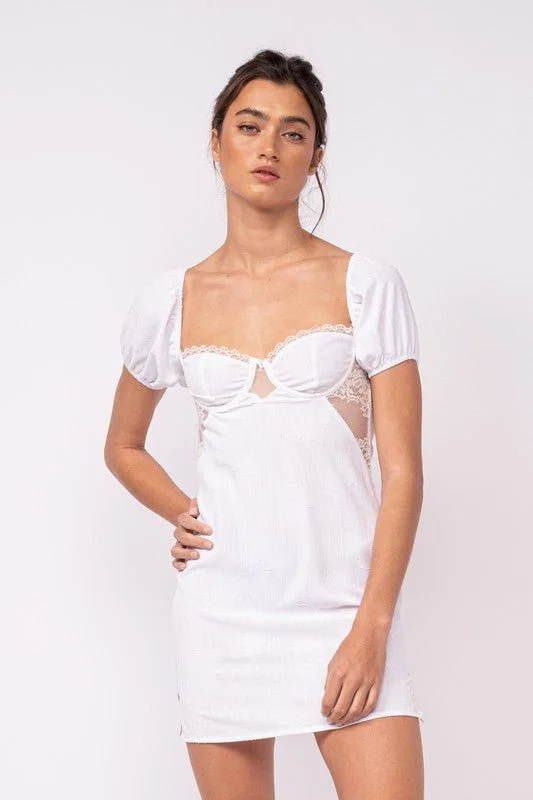 Denim - Patchwork Casual Dresses for a Unique Design​ Delilah White Puff Sleeve Bustier Dress