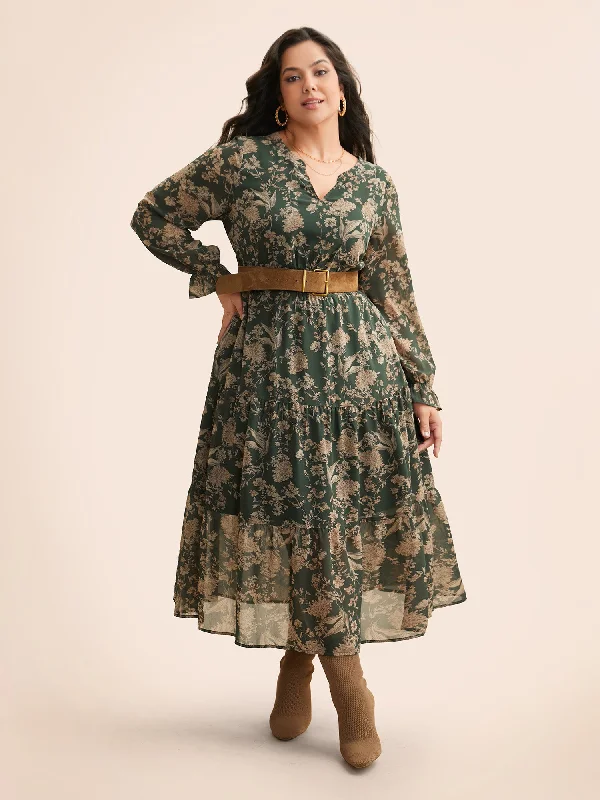  Floral Shirred Ruffles See Through Dress