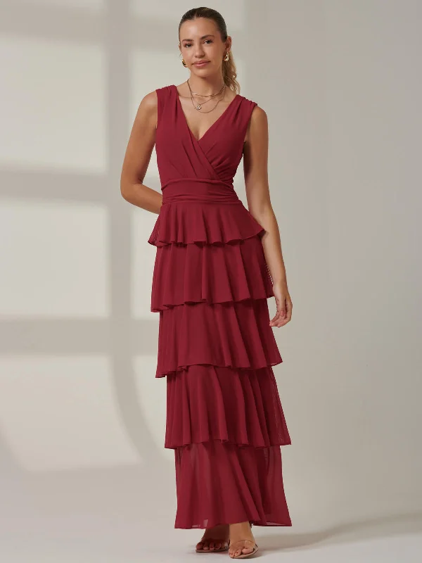 Midi dresses with fringe details for a fun and energetic style Plain Tiered Mesh Maxi Dress, Burgundy Midi dresses with fringe details for a fun and energetic style Plain Tiered Mesh Maxi Dress, Burgundy