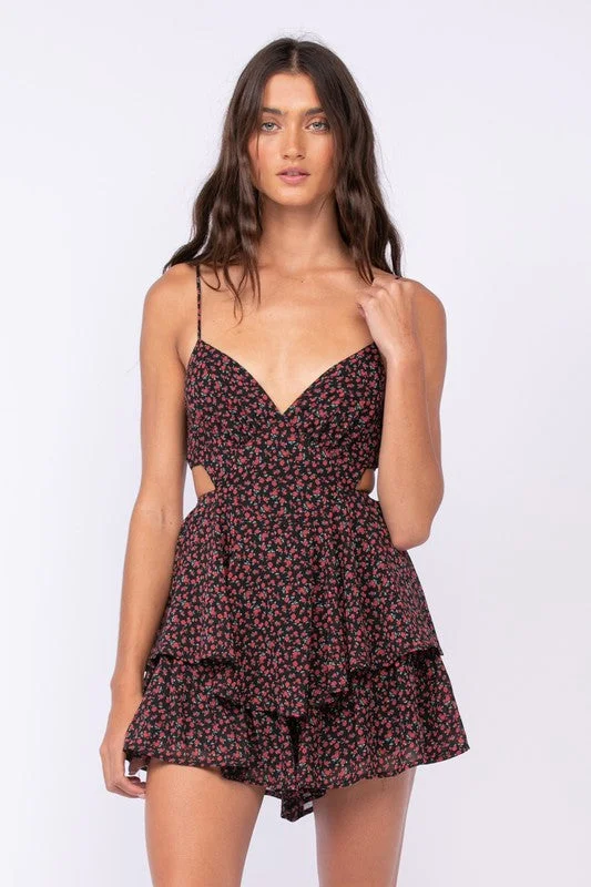 Geometric - Patterned Casual Dresses for a Modern Style​ Aristea Black Floral Cutout Romper Dress