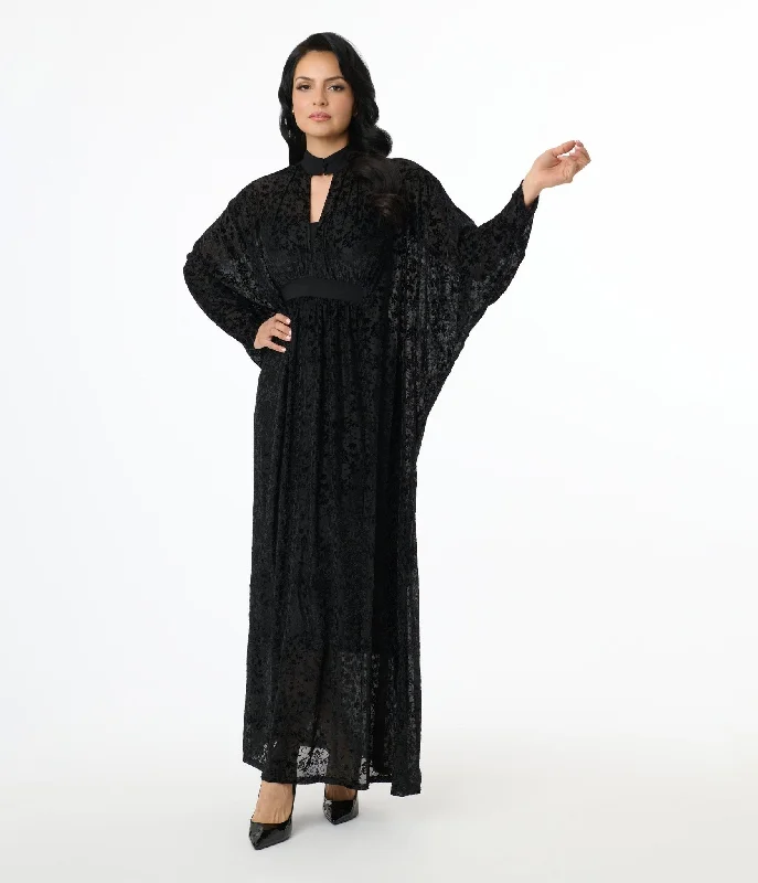 Everyday Silk - like Dress with Flowy Skirt​ Unique Vintage 1970s Black Floral Burnout Mesh High Neck Caftan