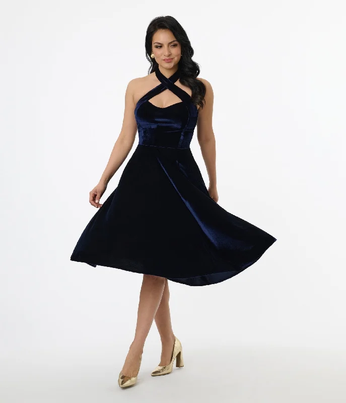 Everyday Dress with Quick - dry Fabric for Water - related Fun​ Unique Vintage 1950s Navy Velvet Criss Cross Halter Rita Flare Dress