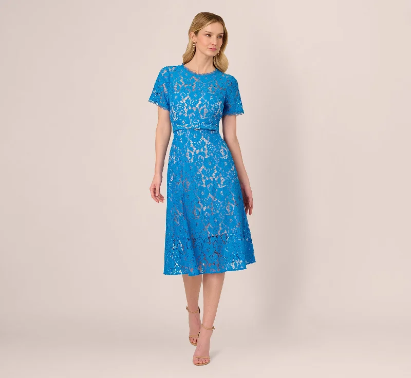 Petite - fit Everyday Dress with Ruffled Sleeves​ Short Sleeve Belted Lace Midi Dress In Blue Wave