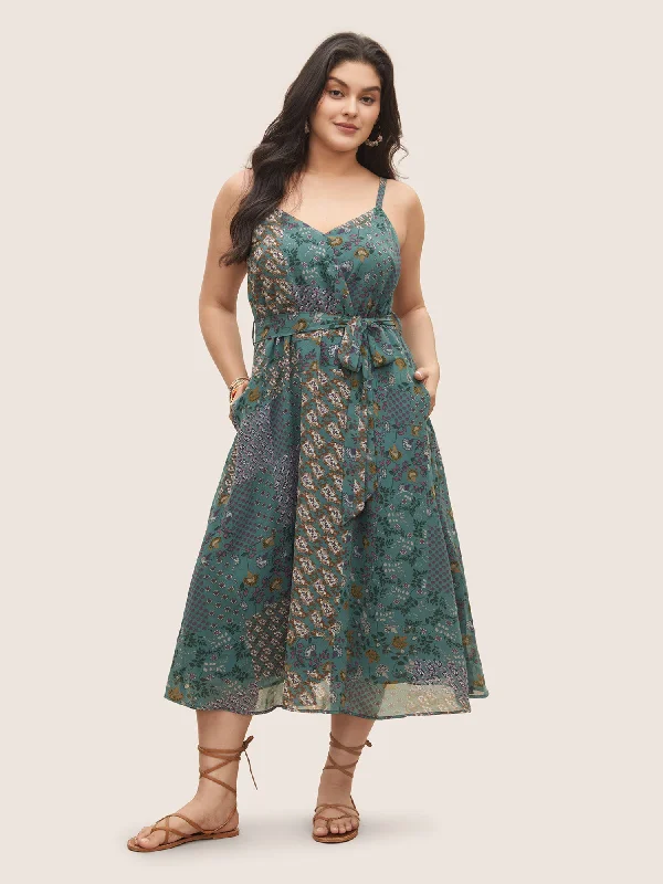 Everyday Dress with Embroidered Patches for a Bohemian Look​ Chiffon Boho Print Wrap Belted Cami Dress