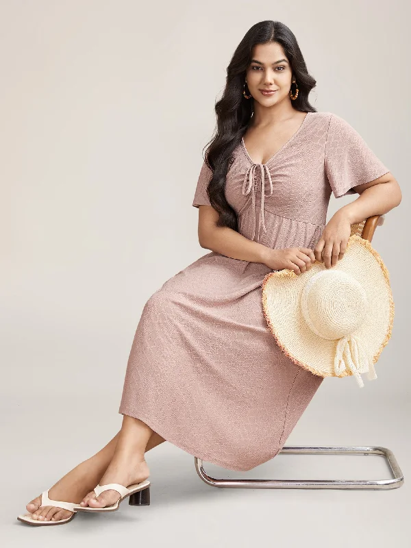 Everyday Dress with Pleated Bodice for a Structured Look​ Bust Defining Tie Textured Knit Midi Dress