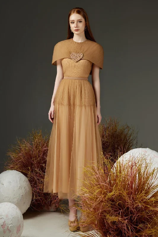 Midi dresses with pom - pom trims for a playful and festive look Mason Pleated Cape Sleeved Mesh Sheer Ankle Length Dress Midi dresses with pom - pom trims for a playful and festive look Mason Pleated Cape Sleeved Mesh Sheer Ankle Length Dress