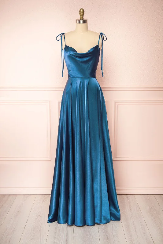Mini dresses with fringe for a bohemian style Moira Royal Blue | Cowl Neck Satin Maxi Dress w/ High Slit