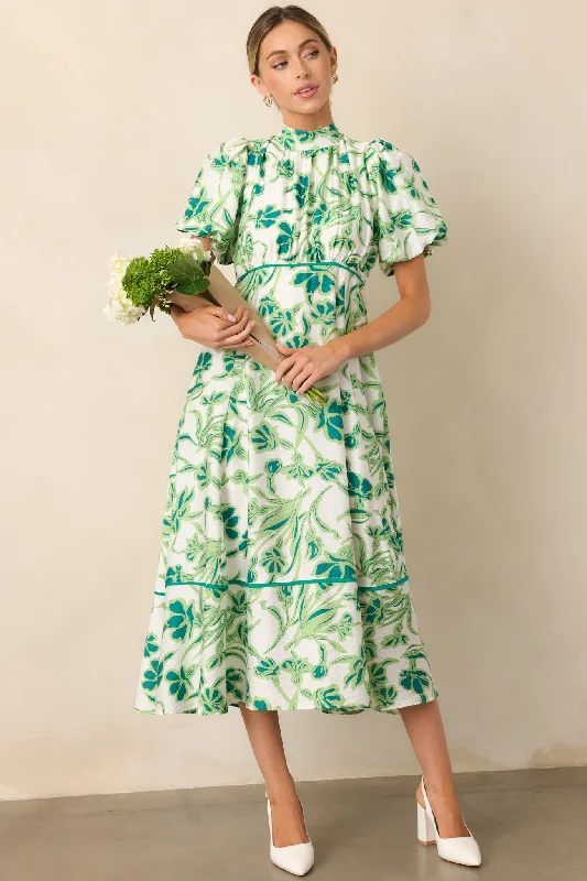 Anti - Wrinkle Casual Dresses for Easy Maintenance​ Blooming Season Green Floral Puff Sleeve Midi Dress