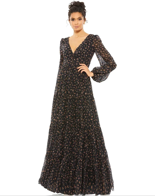 Off - the - shoulder wedding dresses with ruffled sleeves​ Mac Duggal 55431 Long Sleeve Floral Formal Dress