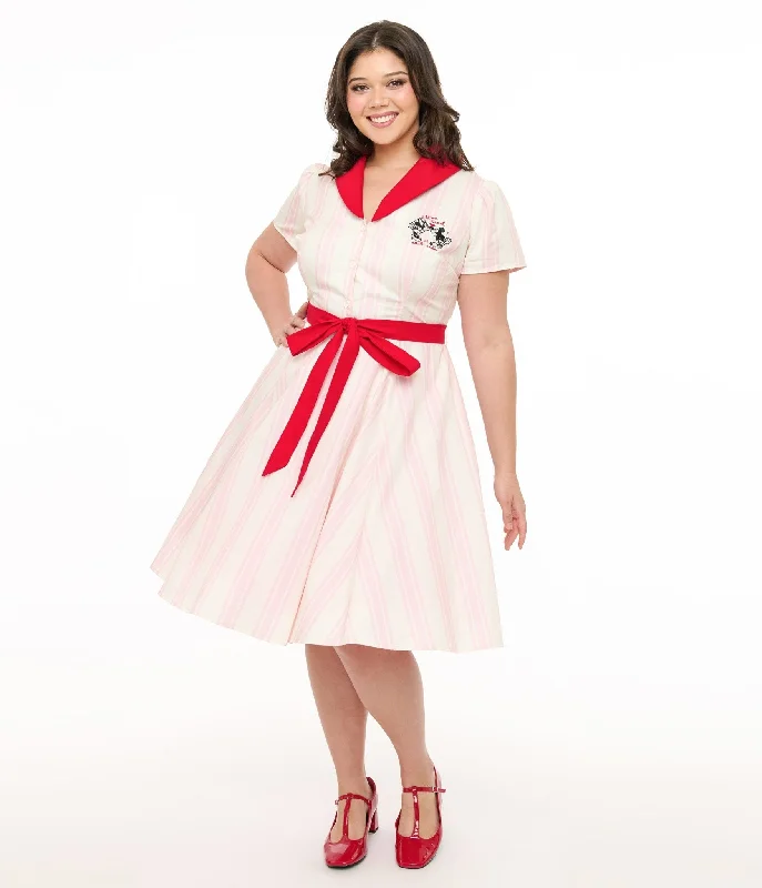  Disney Valentine Collection by Unique Vintage Plus Size Red & Pink Striped Cotton Shirt Dress